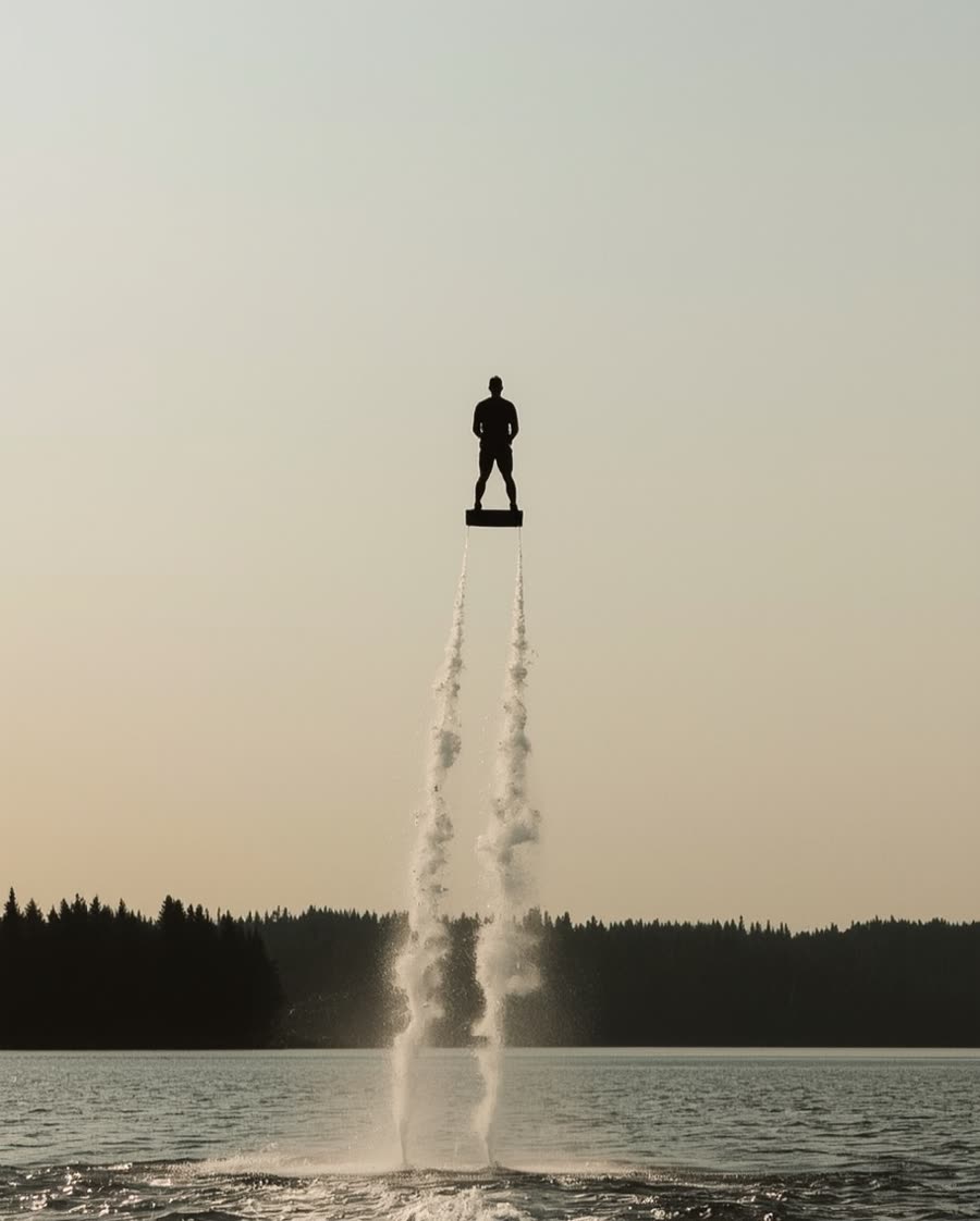Flyboardaaja siluettina korkealla järven yllä vastavalossa, kaksi vesisuihkua laudan alla.