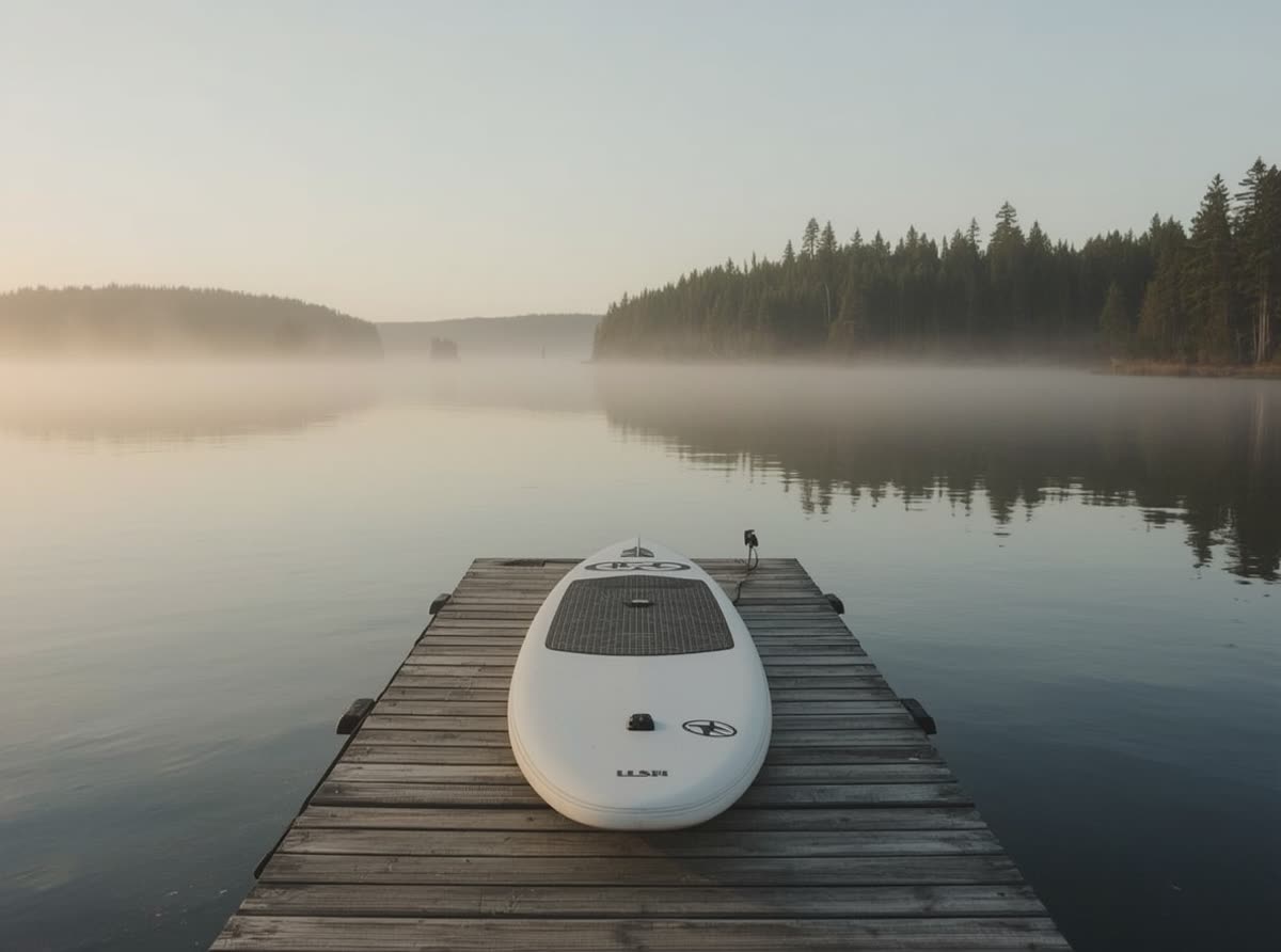 Valkoinen SUP-lauta puulaiturilla tyynen järven rannassa aamu-usvassa, havumetsä taustalla.