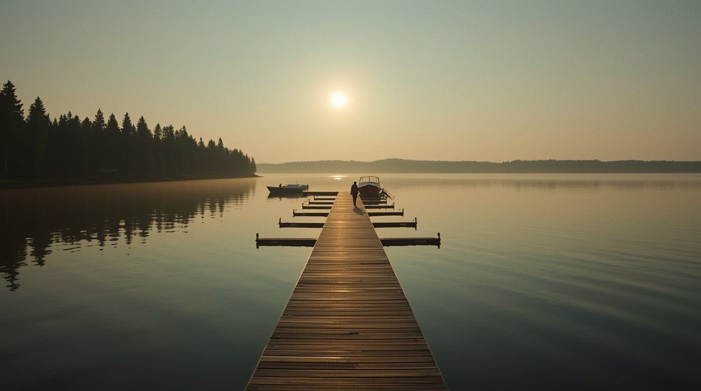 Puinen laituri työntyy tyyneen järveen kultaisen tunnin valossa, veneitä kiinnittyneenä ja havumetsäinen ranta.
