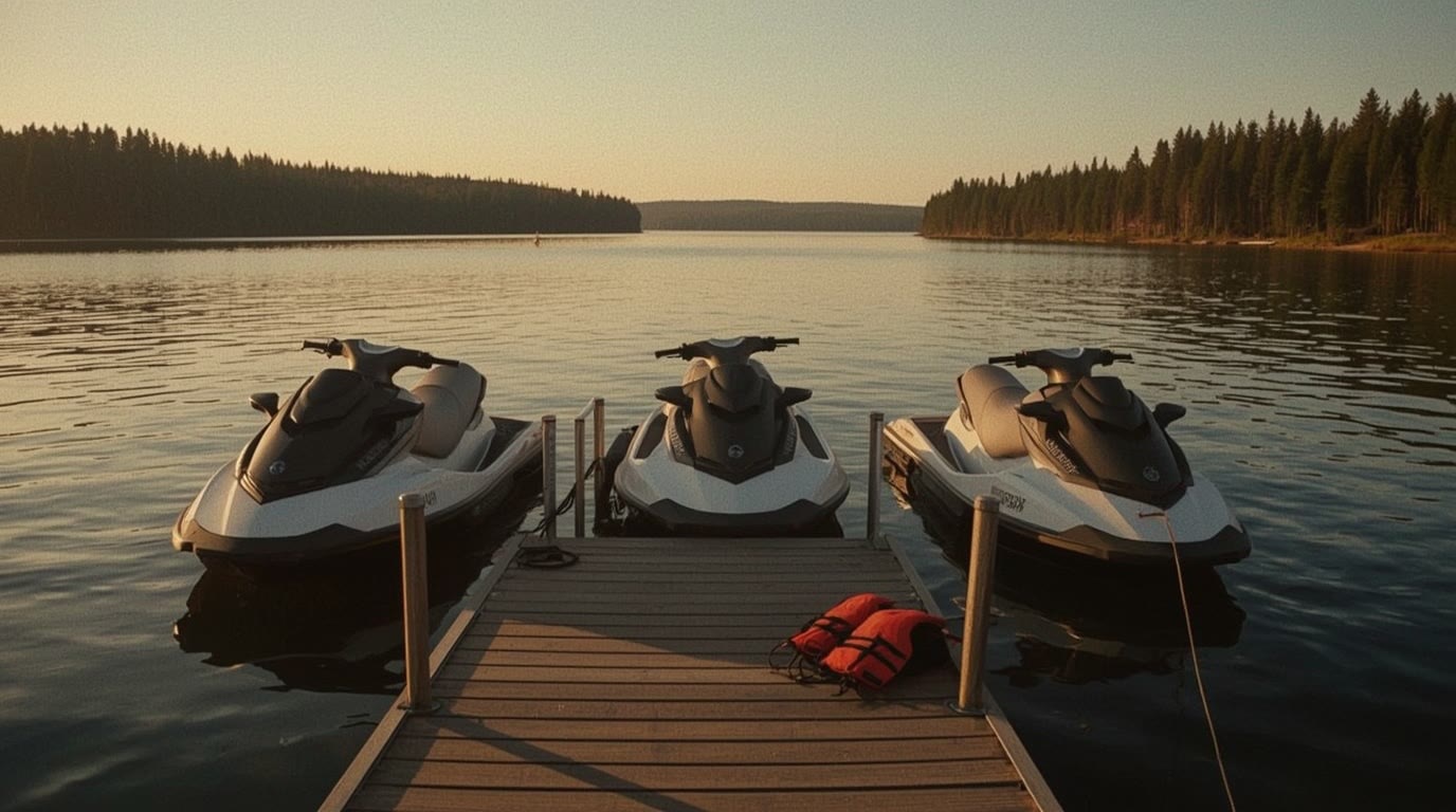 Kolme vesijettiä kiinnittyneenä puulaituriin tyynellä järvellä kultaisen tunnin valossa, havumetsäinen ranta.